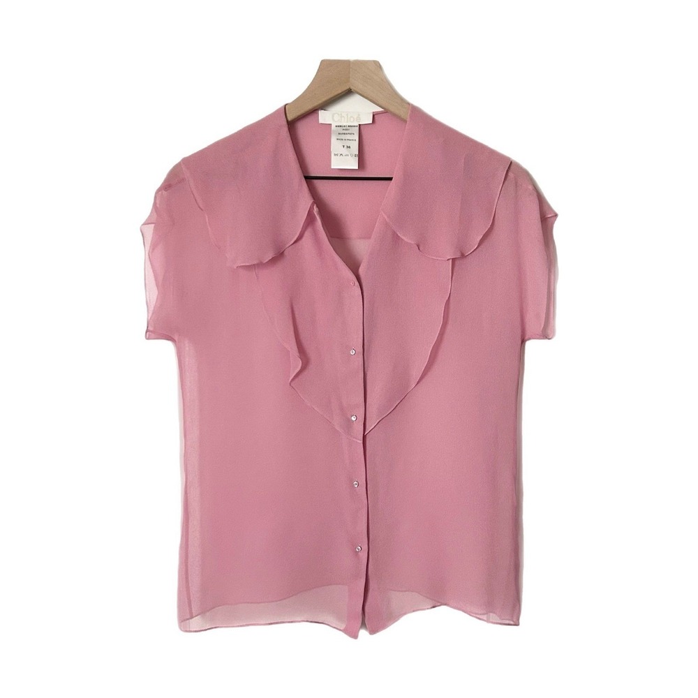 Chloe Pink 100% Silk Sheer Ruffle Peter Pan Collar Blouse 36 FR Small - Picture 2 of 7